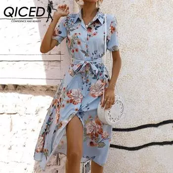 QICED женские модные летние весенние повседневные платья с короткими рукавами и воротником-поло с цветочным принтом и высокой талией S синий