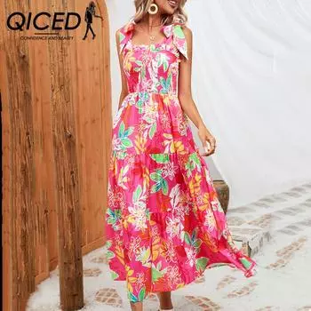 QICED женские модные летние весенние повседневные платья без рукавов с квадратным воротником и высокой талией с цветочным принтом S розовый