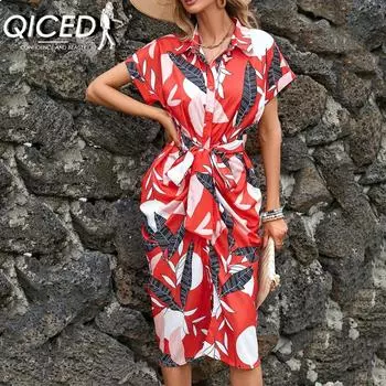 QICED женские модные летние весенние повседневные платья с короткими рукавами и воротником-поло с цветочным принтом и высокой талией S красный