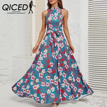 QICED женские модные летние весенние повседневные платья без рукавов с цветочным принтом