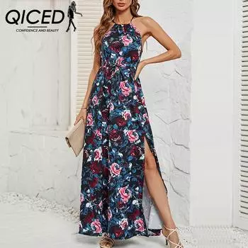 QICED женские модные летние весенние повседневные платья без рукавов с цветочным принтом