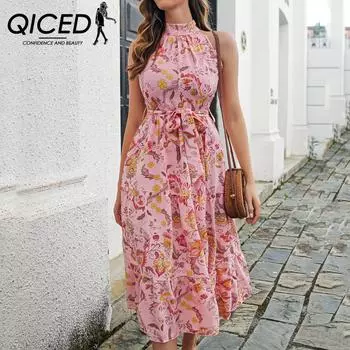 QICED женские модные летние весенние повседневные платья без рукавов с цветочным принтом и полуводолазкой S розовый