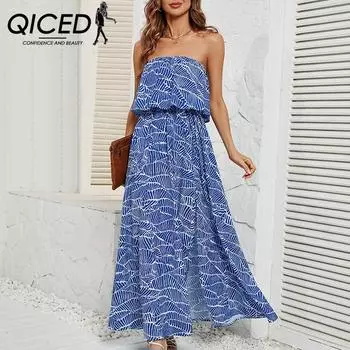 QICED женские модные летние весенние повседневные платья без рукавов с цветочным принтом на одно плечо и высокой талией