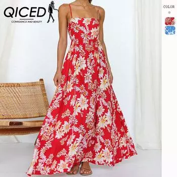 QICED женские модные летние весенние повседневные платья без рукавов с квадратным воротником и высокой талией с цветочным принтом