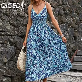 QICED женские модные летние весенние повседневные платья без рукавов с v-образным вырезом и цветочным принтом S синий