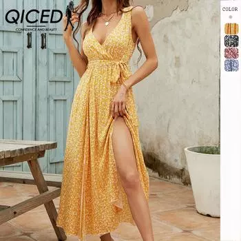 QICED женские модные летние весенние повседневные платья без рукавов с v-образным вырезом и высокой талией с цветочным принтом
