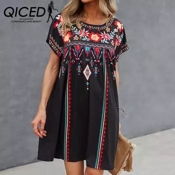 QICED женские модные летние весенние повседневные платья с цветочным принтом и коротким рукавом с круглым вырезом и высокой талией
