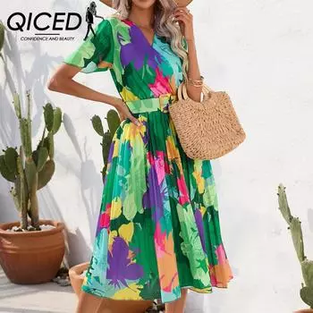 QICED женские модные летние весенние повседневные платья с цветочным принтом и коротким рукавом с v-образным вырезом и высокой талией S розовый