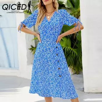 QICED женские модные летние весенние повседневные платья с цветочным принтом и коротким рукавом с v-образным вырезом и высокой талией