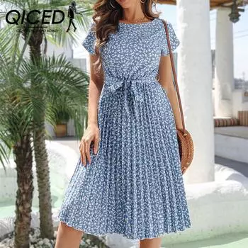 QICED женские модные летние весенние повседневные платья с коротким рукавом и круглым вырезом с цветочным принтом S зелёный