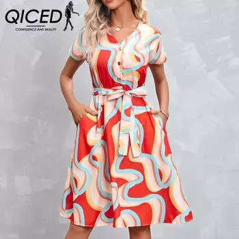QICED женские модные летние весенние повседневные платья с коротким рукавом и v-образным вырезом с цветочным принтом S красный