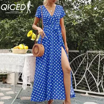QICED женские модные летние весенние повседневные платья в горошек с короткими рукавами и v-образным вырезом