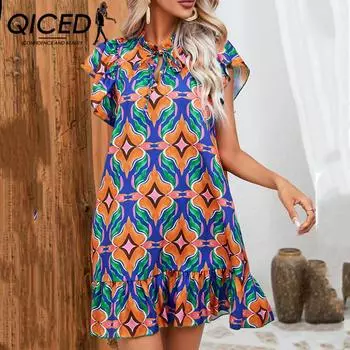QICED женские модные летние весенние ромбовидные повседневные платья с короткими рукавами и круглым вырезом с высокой талией S зелёный
