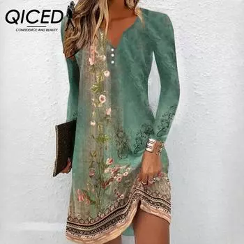 QICED женские модные осенне-зимние однотонные повседневные платья с длинным рукавом и v-образным вырезом и высокой талией S зелёный