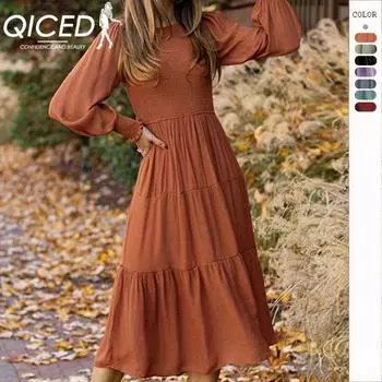 QICED женские модные осенне-зимние однотонные повседневные платья с длинным рукавом и круглым вырезом с высокой талией и принтом