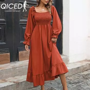 QICED женские модные осенне-зимние однотонные повседневные платья с длинным рукавом и квадратным воротником с принтом S бордовый