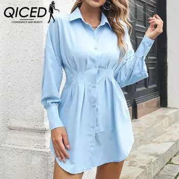 QICED женские модные осенне-зимние однотонные повседневные платья с длинным рукавом и воротником-поло с высокой талией и принтом S белый