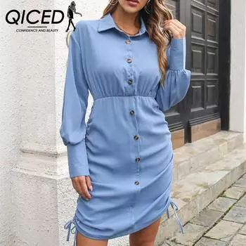 QICED женские модные осенне-зимние однотонные повседневные платья с длинным рукавом и высокой талией с воротником-поло и принтом S розовый