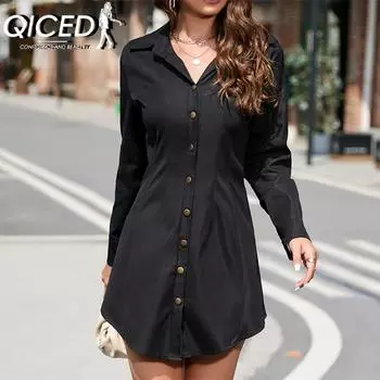 QICED женские модные осенне-зимние однотонные повседневные платья с длинными рукавами и воротником-поло с принтом S белый