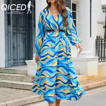 QICED женские модные осенне-зимние повседневные платья с цветочным принтом и длинным рукавом, v-образным вырезом и высокой талией S синий