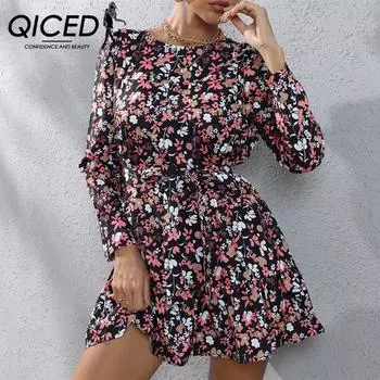 QICED женские модные осенне-зимние повседневные платья с длинным рукавом и круглым вырезом с цветочным принтом S чёрный