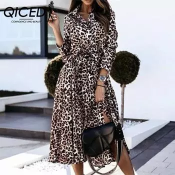 QICED женские модные осенне-зимние повседневные платья с леопардовым принтом и длинным рукавом с v-образным вырезом S чёрный
