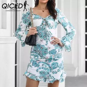 QICED женские модные осенне-зимние повседневные платья с цветочным принтом и длинным рукавом на одно плечо и высокой талией S зелёный