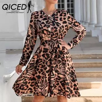 QICED женские модные осенне-зимние повседневные платья с леопардовым принтом и длинным рукавом с v-образным вырезом