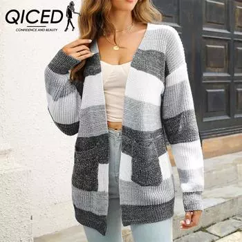 QICED женские модные повседневные цветные принты с принтом осень-зима с длинными рукавами кардиганы S чёрный