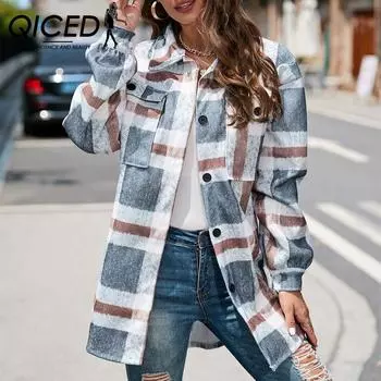 QICED женские модные повседневные клетчатые кардиганы с принтом осень-зима с длинными рукавами и воротником-поло S белый