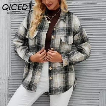 QICED женские модные повседневные клетчатые кардиганы с принтом осень-зима с длинными рукавами и воротником-поло