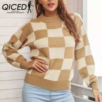 QICED женские модные повседневные клетчатые принты осень-зима с длинными рукавами и круглым вырезом свободные свитера S хаки