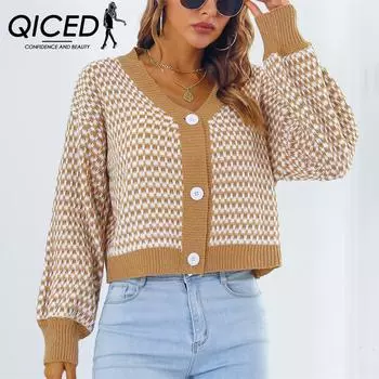 QICED женские модные повседневные клетчатые принты с принтом осень-зима с длинными рукавами и v-образным вырезом свободные свитера S хаки