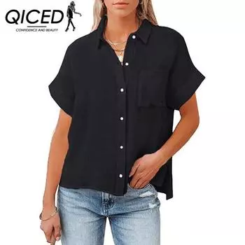QICED Женские модные повседневные летние однотонные блузки и рубашки с короткими рукавами и воротником-поло с принтом S белый