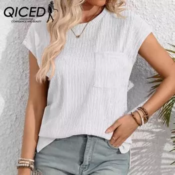 QICED Женские модные повседневные летние однотонные блузки и рубашки с круглым вырезом и короткими рукавами с принтом S белый