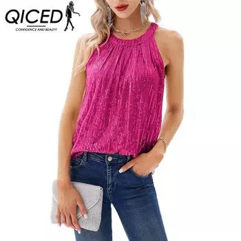 QICED Женские модные повседневные летние однотонные блузки и рубашки без рукавов с круглым вырезом и принтом S чёрный