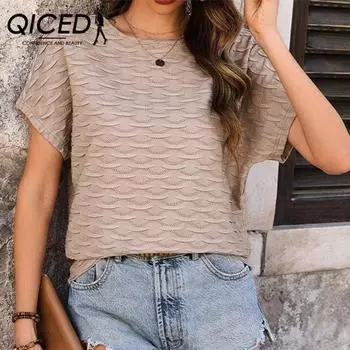 QICED Женские модные повседневные летние однотонные блузки и рубашки с круглым вырезом и короткими рукавами с принтом S белый