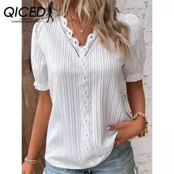 QICED женские модные повседневные летние однотонные блузки и рубашки с короткими рукавами и v-образным вырезом с принтом S белый