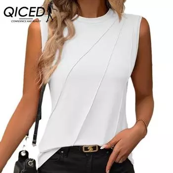 QICED Женская мода повседневные летние однотонные принты короткие без рукавов О-образный вырез блузки и рубашки S белый
