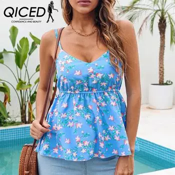 QICED женские модные повседневные летние весенние блузки и рубашки без рукавов с v-образным вырезом и цветочным принтом S белый