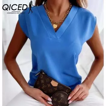 QICED Женские модные повседневные летние весенние однотонные блузки и рубашки с v-образным вырезом и короткими рукавами с принтом S белый