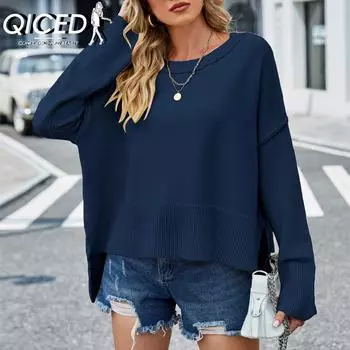 QICED женские модные повседневные однотонные принты осень-зима с длинными рукавами и круглым вырезом свободные свитера S тёмно-синий