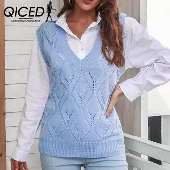 QICED женские модные повседневные однотонные принты осень-зима без рукавов с v-образным вырезом вязаные жилеты S белый