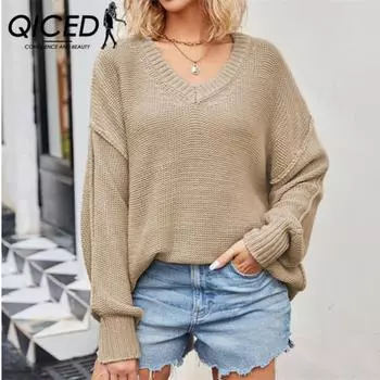QICED женские модные повседневные однотонные принты осень-зима с длинными рукавами и v-образным вырезом свободные свитера S чёрный