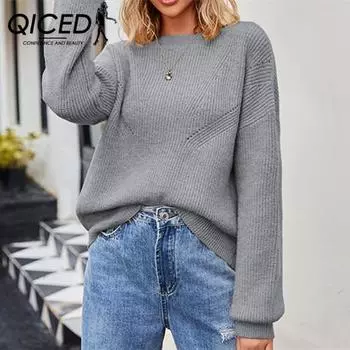 QICED женские модные повседневные однотонные принты осень-зима с длинными рукавами и круглым вырезом свободные свитера S чёрный