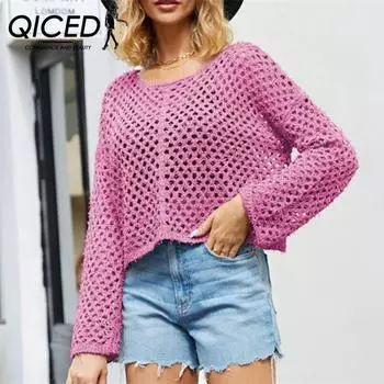 QICED женские модные повседневные однотонные принты осень-зима с длинными рукавами и круглым вырезом свободные свитера S чёрный