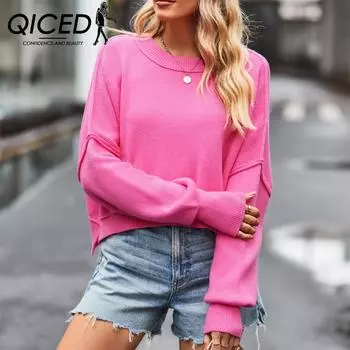 QICED женские модные повседневные однотонные принты осень-зима с длинными рукавами и круглым вырезом свободные свитера S чёрный