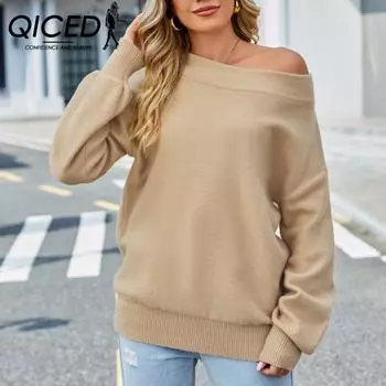 QICED женские модные повседневные однотонные принты осень-зима с длинным рукавом на одно плечо свободные свитера S чёрный