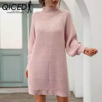 QICED женские модные повседневные однотонные принты осень-зима с длинным рукавом свободные свитера с высоким воротом повседневные платья S белый