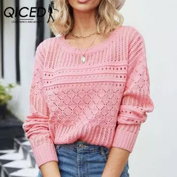 QICED женские модные повседневные однотонные принты осень-зима с длинными рукавами и круглым вырезом свободные свитера S чёрный